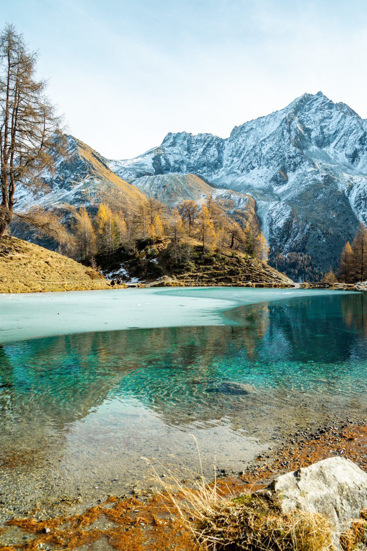Lac bleu d’Arolla entouré de mélèzes en automne, Valais Suisse