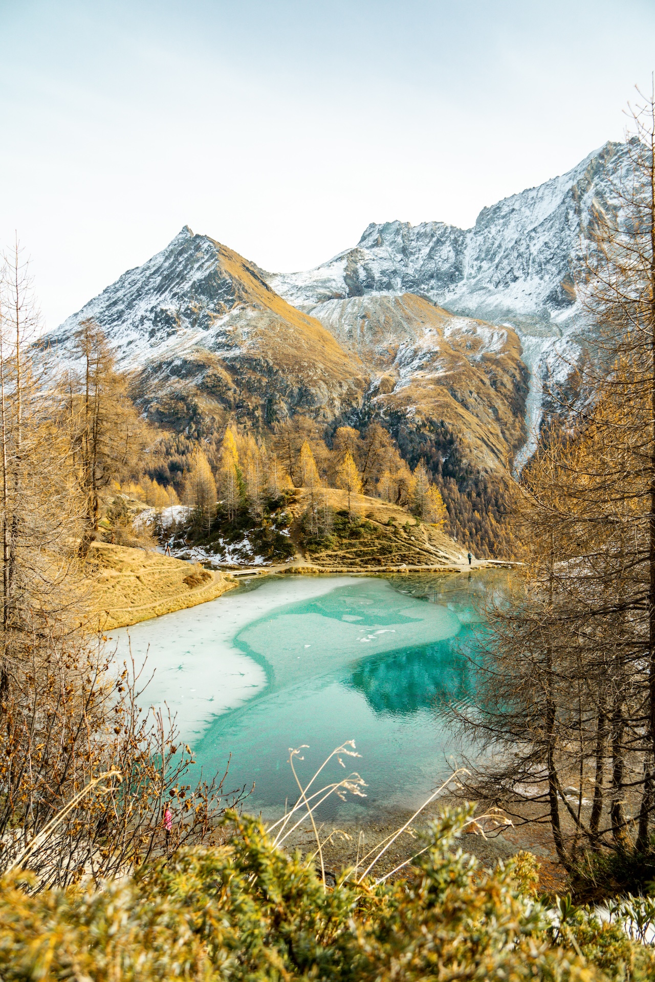Lac bleu d’Arolla entouré de mélèzes en automne, Valais Suisse