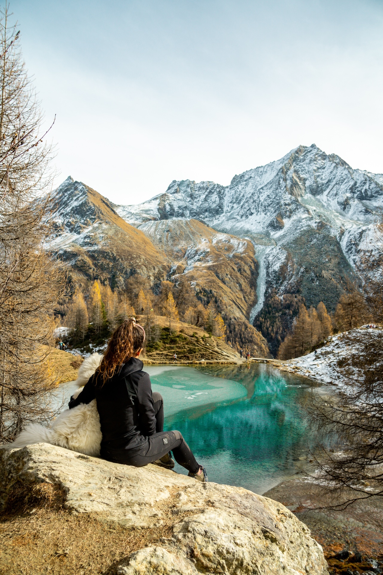 Lac bleu d’Arolla entouré de mélèzes en automne, Valais Suisse